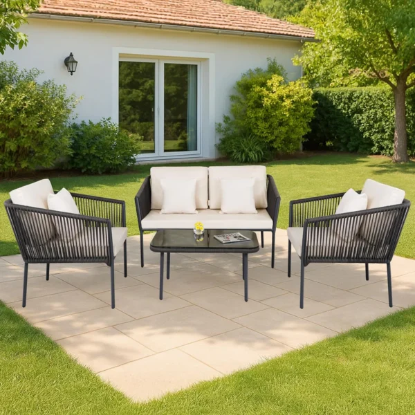 4-Piece Outdoor Rope Sofa Conversation Set with Cushions and Glass-Top Coffee Table on Patio