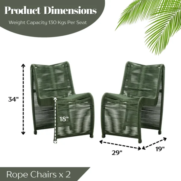 Two modern outdoor rope patio chairs with metal frames and woven seats, perfect for garden or balcony seating.