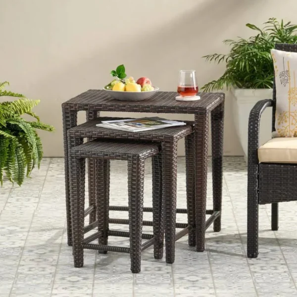 "3-piece dark brown wicker garden bistro set with two chairs and a round table, perfect for outdoor patio or balcony use"