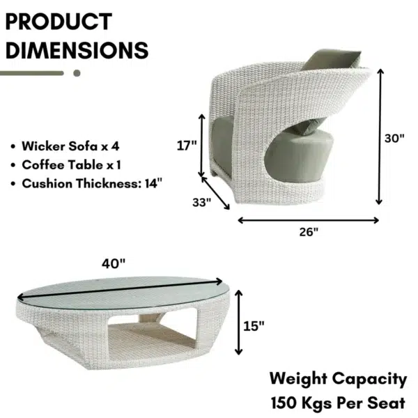 Outdoor White Rattan Wicker Sofa Chairs with Glass Top Table for Patio, Garden, and Balcony