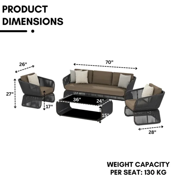 Modern Outdoor Braided Rope Sofa Set with Cushions and 2-Tier Glass Top Coffee Table