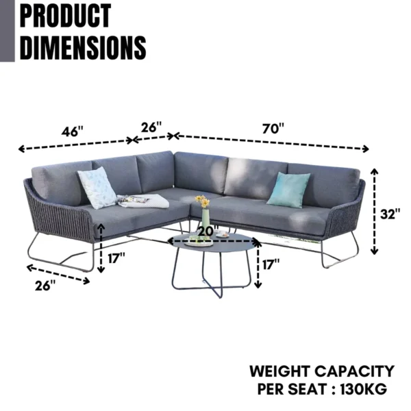 Modern 5-Seater L-Shape Outdoor Rope Sofa Set with Cushions for Patio, Garden, or Balcony
