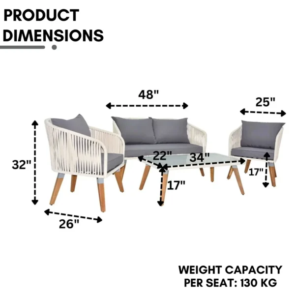 Outdoor Rope 4-Piece Sofa Set in White & Grey with Cushions and Coffee Table for Patio or Garden