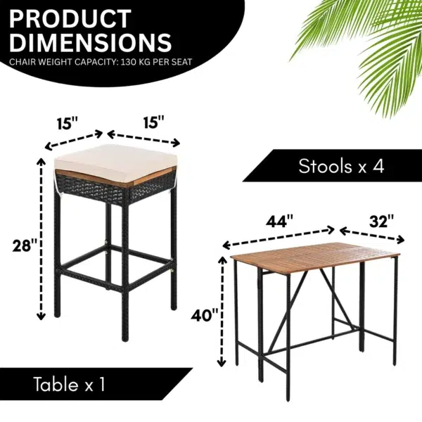 Stylish 5-piece outdoor wicker bar set with wooden top table and cushioned stools on a wooden deck