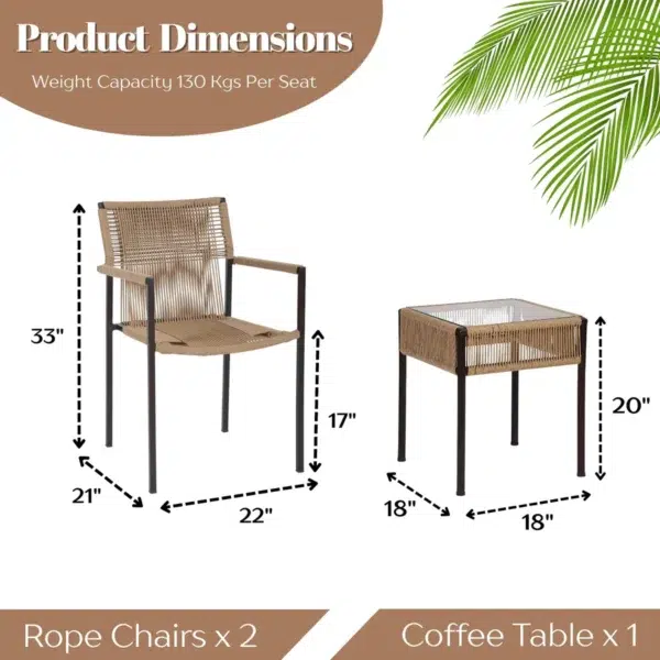Outdoor rope 3-piece patio set in beige with two cushioned chairs and a matching center table, perfect for balcony or garden seating.