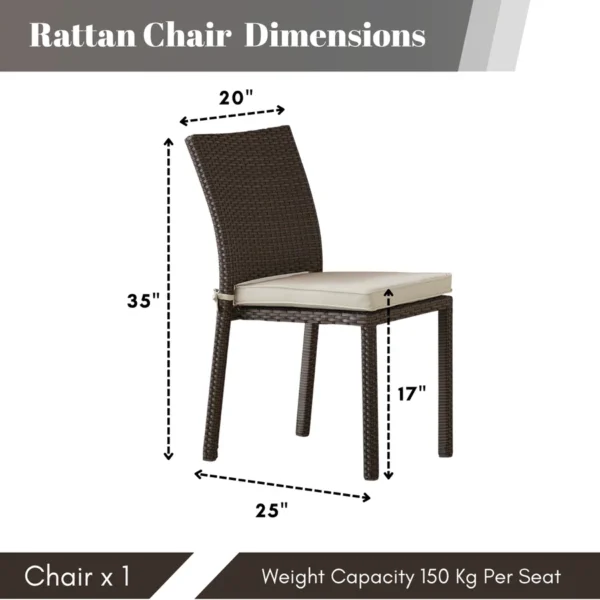 Outdoor rattan wicker patio dining chair with sturdy metal frame and comfortable cushion for garden or balcony use.