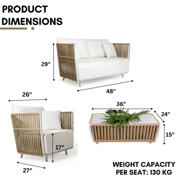 All-Weather Patio Rope Sofa Set with Glass Top Coffee Table for Outdoor Living