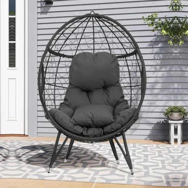 Grey outdoor egg chair with all-weather wicker, cushion included, perfect for patio or garden