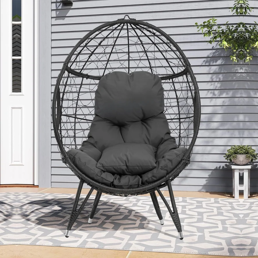 Grey outdoor egg chair with all-weather wicker, cushion included, perfect for patio or garden