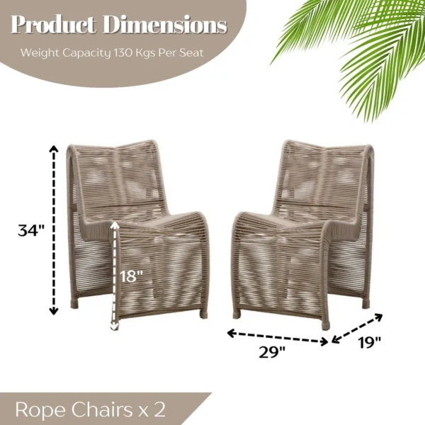 Two modern outdoor rope patio chairs with metal frames and woven seats, perfect for garden or balcony seating.