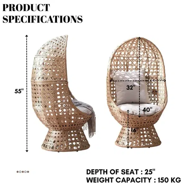 Beige rattan wicker cocoon chair with a comfortable cushion for outdoor patio or garden