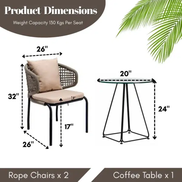 3-Piece Outdoor Rope Conversation Set in beige and cream with two chairs and a coffee table, ideal for patios and gardens.