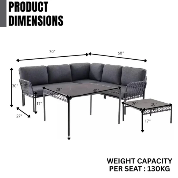 Outdoor L-shaped 5-seater sofa made of weather-resistant rope with cushioned seats