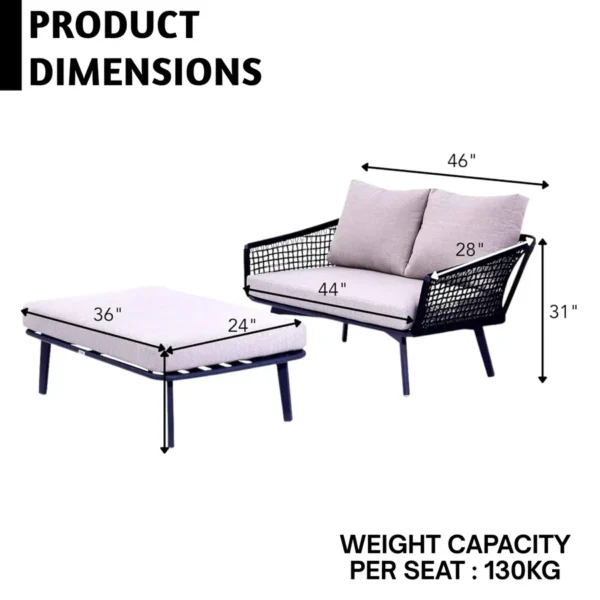2-piece outdoor rope loveseat sofa with matching ottoman on a patio, featuring weather-resistant cushions
