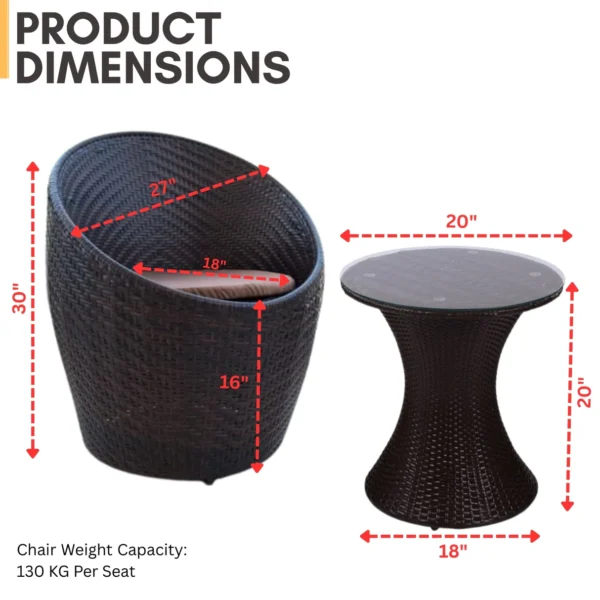 Modern 3-piece outdoor rattan wicker conversation set with two cushioned chairs and a matching glass-top table