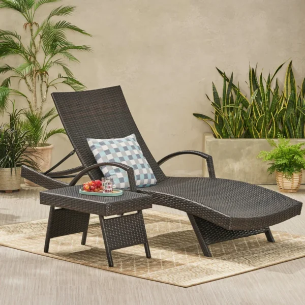 Outdoor HDPE Wicker Rattan Sun Lounger Recliner with Adjustable Backrest and Side Table for Patio, Garden, Poolside, Balcony