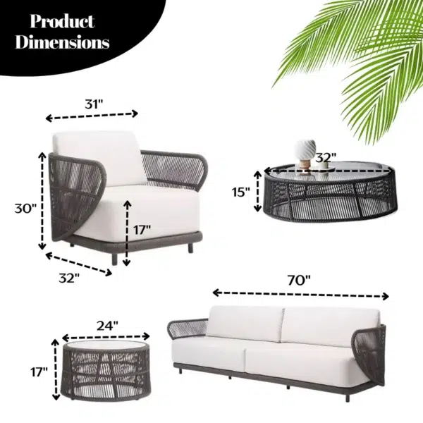 Outdoor Rope 4 Seater Sofa Set with Glass Top Coffee Table for Patio, Garden, Balcony, and Poolside