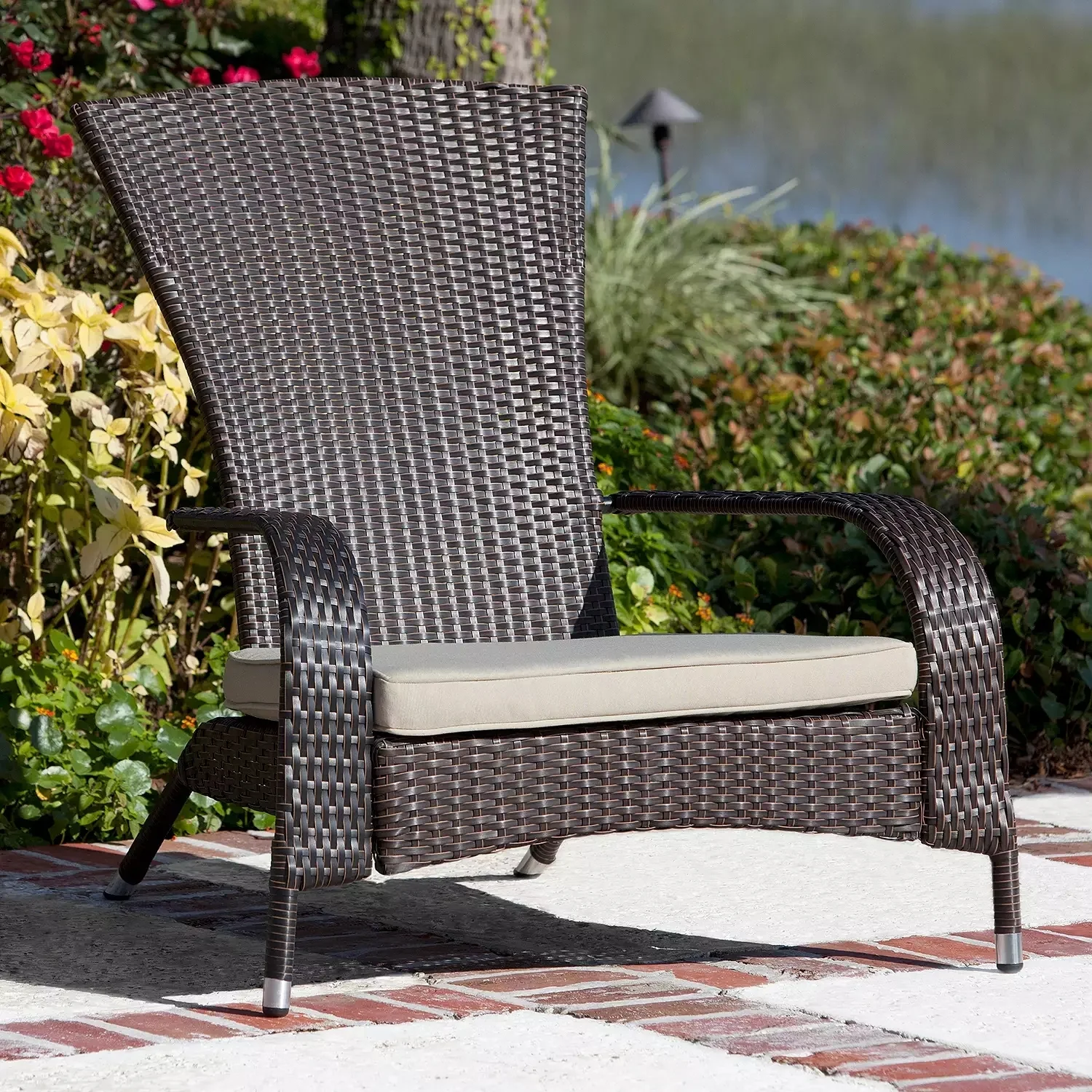 Outdoor Wicker Single Seater Adirondack Style Armchair with Cushions for Patio or Garden