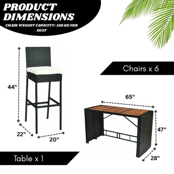 6-seater outdoor wicker bar set with a wooden tabletop and black rattan stools placed in a garden patio setting.