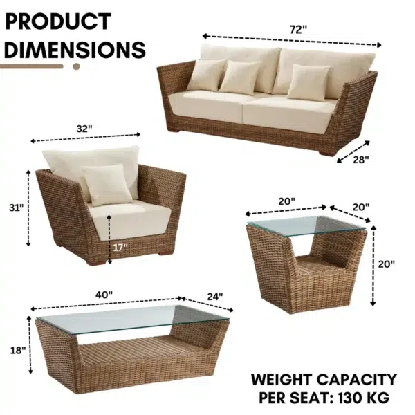 5-Piece Outdoor Wicker Sofa Set with Cushions and 2-Tier Glass Top Coffee Tables for Patio or Garden
