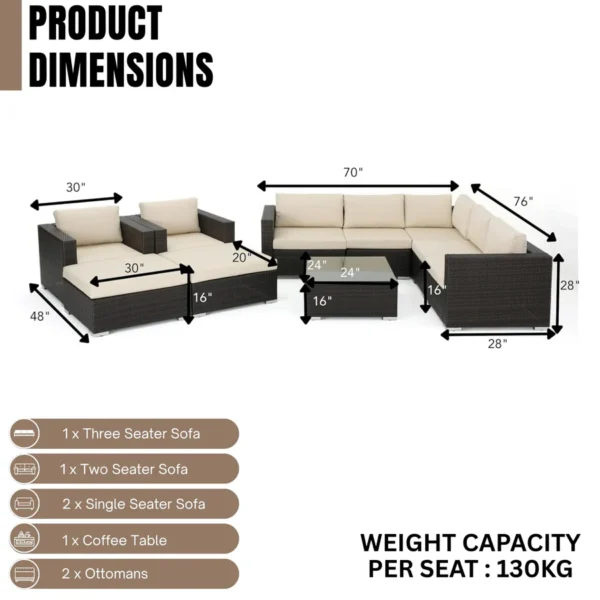 7-Piece Rattan Sectional Sofa Set in Dark Brown with Cream Cushions for Outdoor Patio