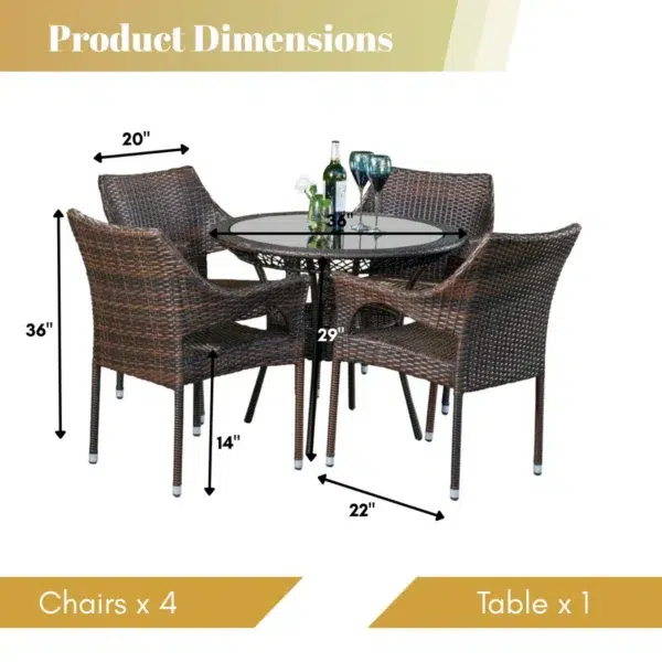 Outdoor all-weather resistant rattan wicker 5-piece dining set with cushioned chairs and glass-top table for patio or garden use