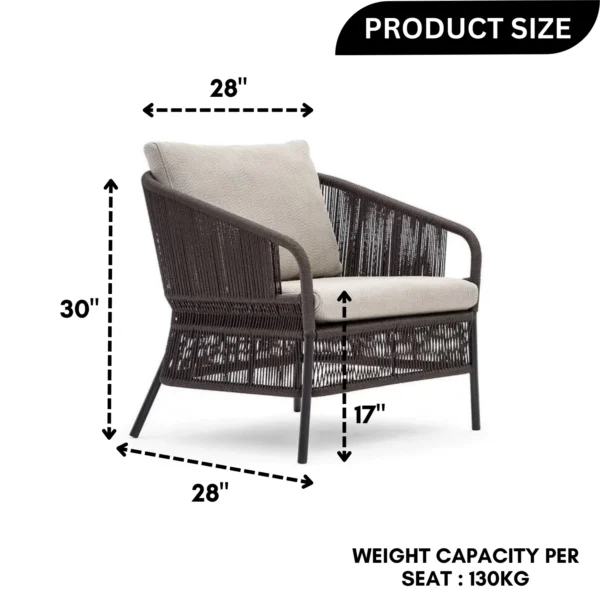 2-Piece Outdoor Rope Single Seater Sofa with Cushions for Patio and Garden