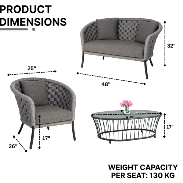 Outdoor Grey Rope 4 Piece Patio Sofa Set with Dark Grey Cushions for garden, balcony, deck, or poolside seating