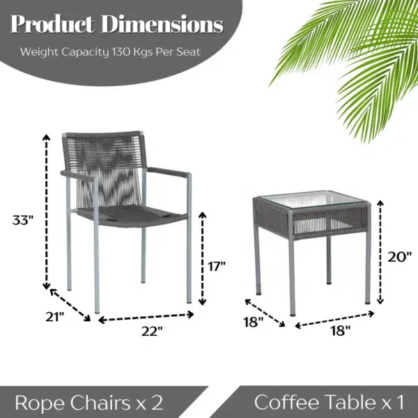 “LOCCUS Outdoor Rope 3-Piece Patio Set in Grey – stylish rope-weave chairs with cushions and a matching coffee table for balcony, garden, or patio use.”