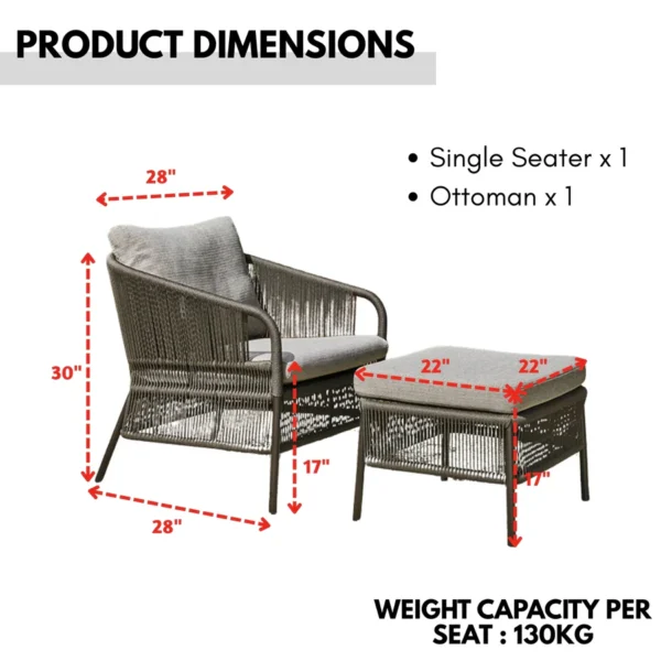 Grey 2-piece rope patio sofa set with plush cushions on a wooden deck, perfect for outdoor lounging.