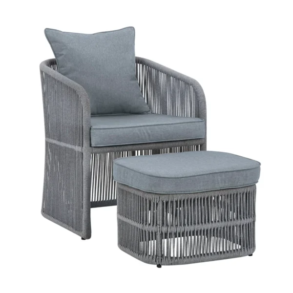 Grey 3-piece outdoor rope patio sofa set with cushions on a wooden deck