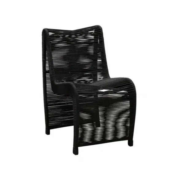 Two modern outdoor rope patio chairs with metal frames and woven seats, perfect for garden or balcony seating.