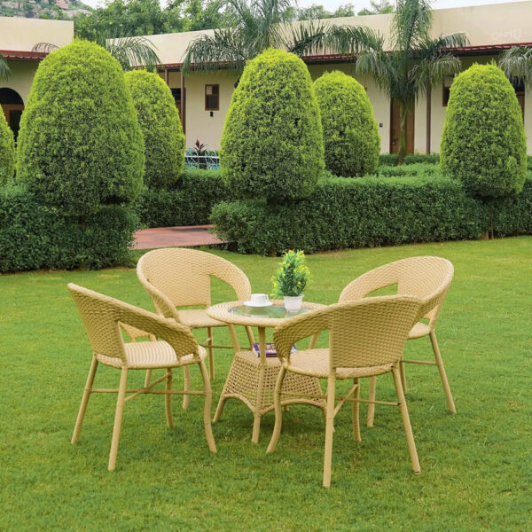 5-Piece Outdoor Rattan Wicker Patio Bistro Set with cushioned chairs and glass-top table for garden or balcony seating