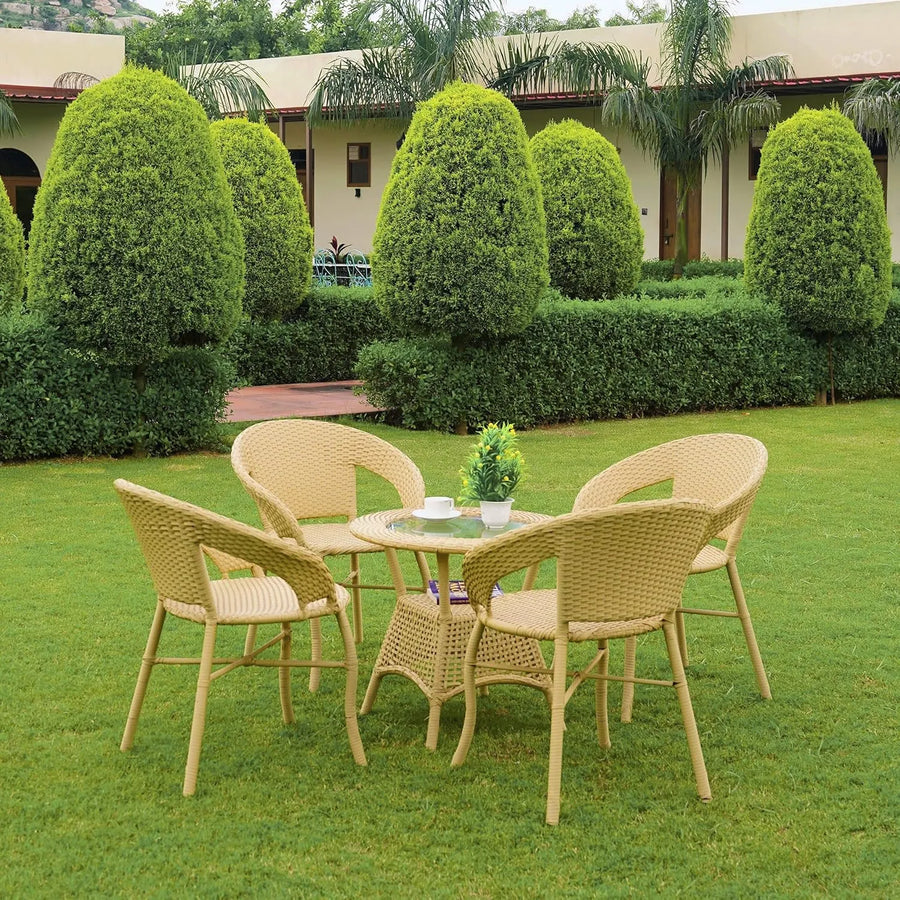 5-Piece Outdoor Rattan Wicker Patio Bistro Set with cushioned chairs and glass-top table for garden or balcony seating