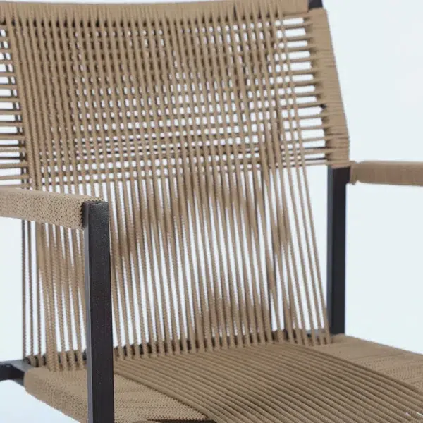 Outdoor rope 3-piece patio set in beige with two cushioned chairs and a matching center table, perfect for balcony or garden seating.
