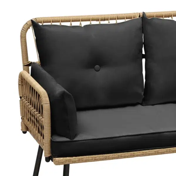 “Stylish outdoor rattan wicker loveseat sofa with soft beige cushions on a patio setup”