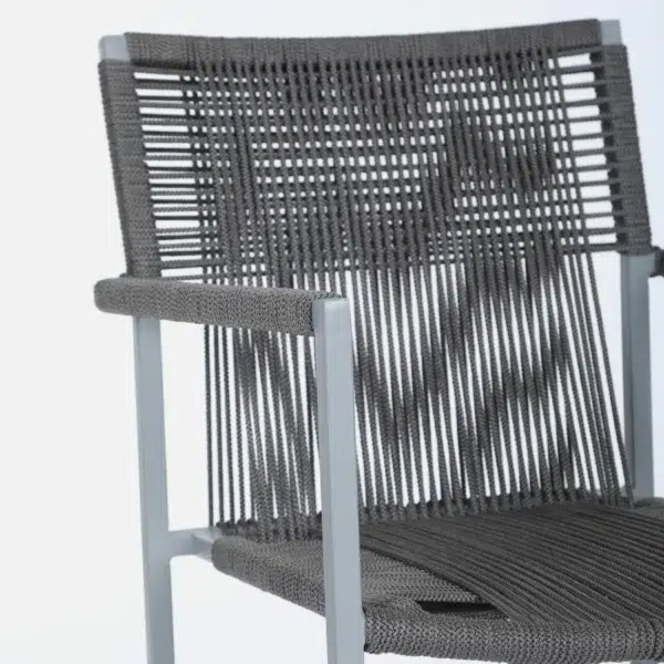 “LOCCUS Outdoor Rope 3-Piece Patio Set in Grey – stylish rope-weave chairs with cushions and a matching coffee table for balcony, garden, or patio use.”
