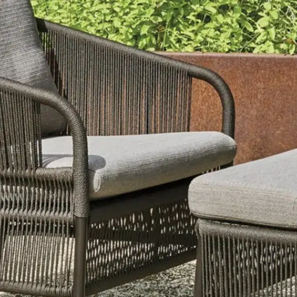 Grey 2-piece rope patio sofa set with plush cushions on a wooden deck, perfect for outdoor lounging.