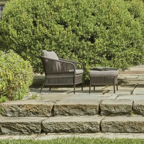 Grey 2-piece rope patio sofa set with plush cushions on a wooden deck, perfect for outdoor lounging.