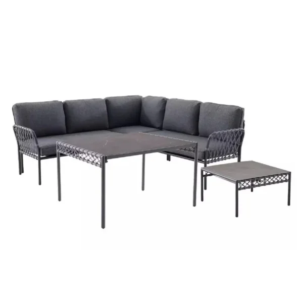 Outdoor L-shaped 5-seater sofa made of weather-resistant rope with cushioned seats