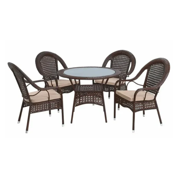 Outdoor all-weather rattan wicker 5-piece dining set with glass-top table and cushioned chairs for patio or garden
