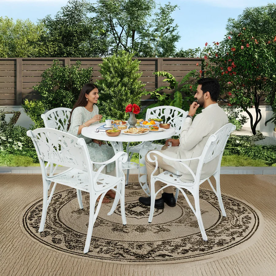 Aluminium 5-piece outdoor patio bistro set with round table and four chairs for garden or balcony use.