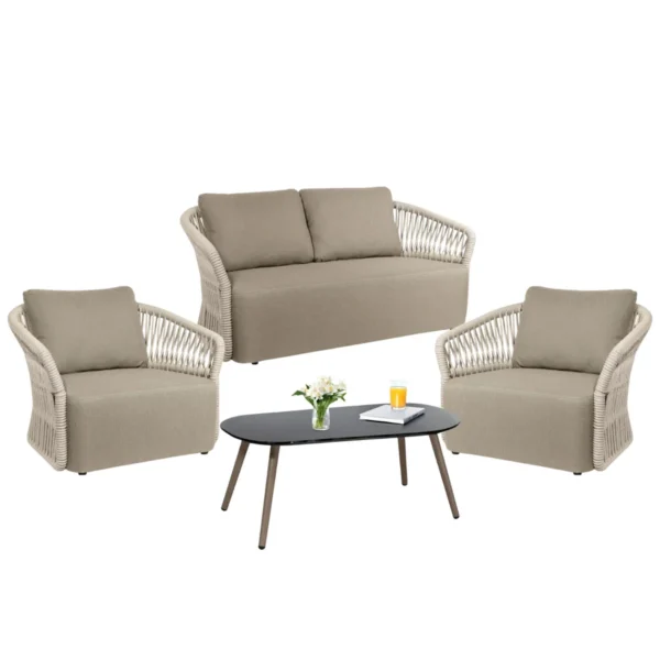 "4-Piece Outdoor Braid and Rope Sofa Set in Beige and Dark Cream with Cushions for Patio, Garden, or Balcony"