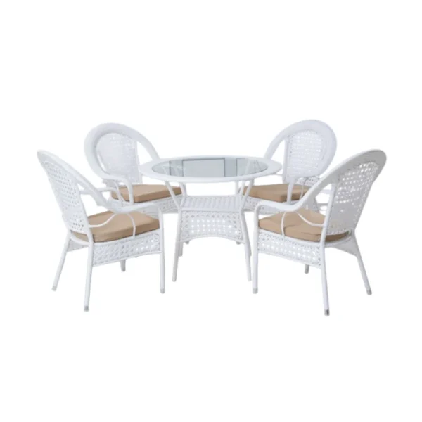 Outdoor all-weather rattan wicker 5-piece dining set with tempered glass table and cushioned chairs on patio