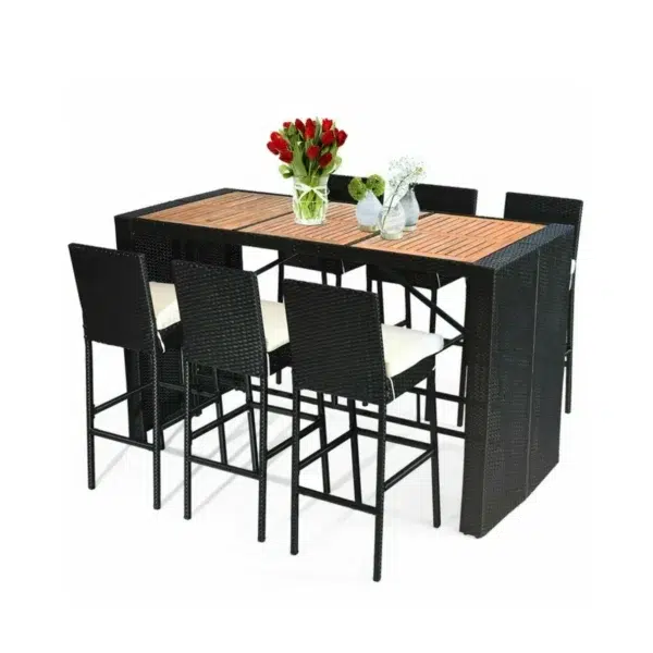 LOCCUS 7-Piece Outdoor Rattan Wicker Bar Set with Wooden Top Table - Image 3