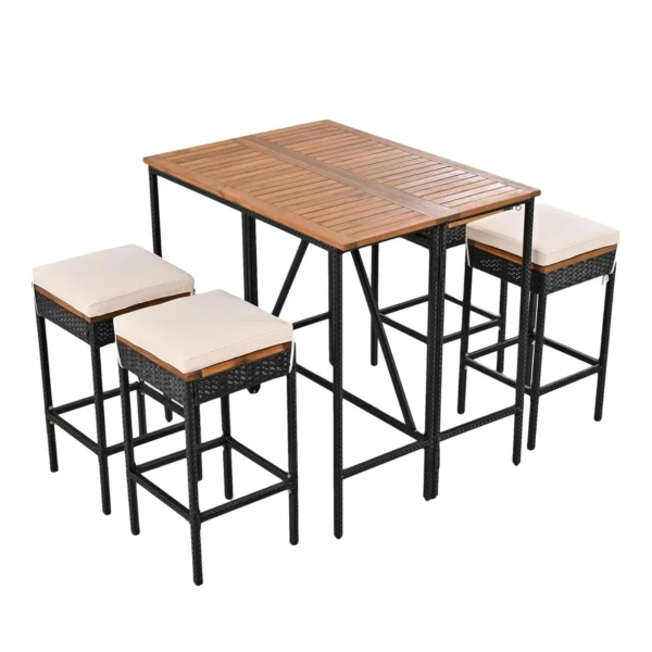 Stylish 5-piece outdoor wicker bar set with wooden top table and cushioned stools on a wooden deck