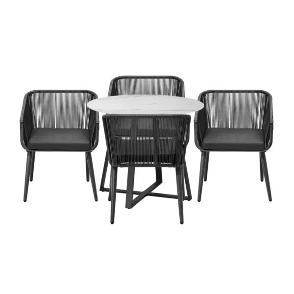 Alt Text: 5-piece outdoor patio dining set with rope chairs and marble-top table on a terrace