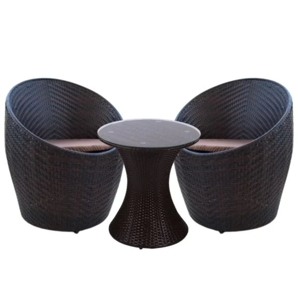 Modern 3-piece outdoor rattan wicker conversation set with two cushioned chairs and a matching glass-top table