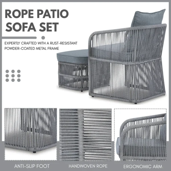 Grey 3-piece outdoor rope patio sofa set with cushions on a wooden deck