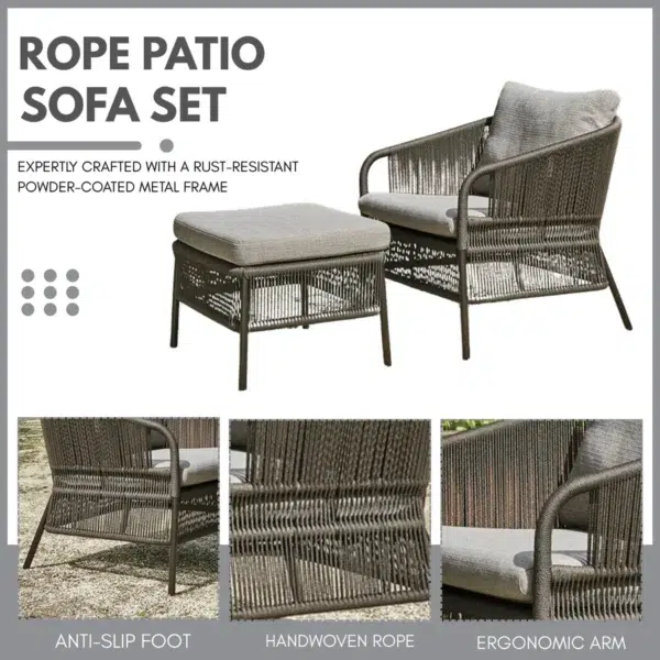 Grey 2-piece rope patio sofa set with plush cushions on a wooden deck, perfect for outdoor lounging.